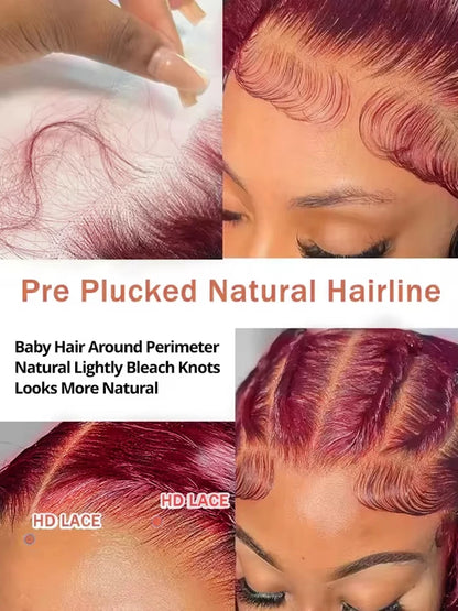 34" 99J Burgundy Wine Red Lace Front Wigs With Natural Deep Wave