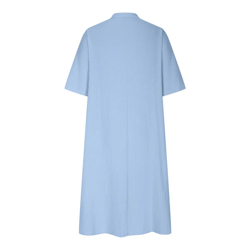 Women's Loose Cotton Linen Half-Sleeve Casual Midi Dress with Pockets