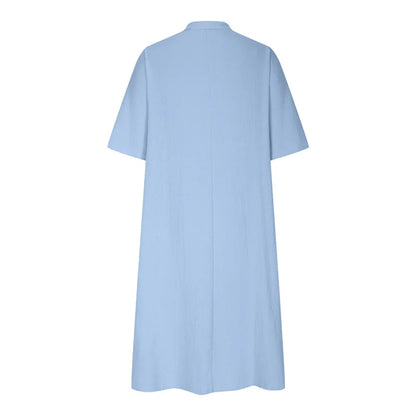 Women's Loose Cotton Linen Half-Sleeve Casual Midi Dress with Pockets