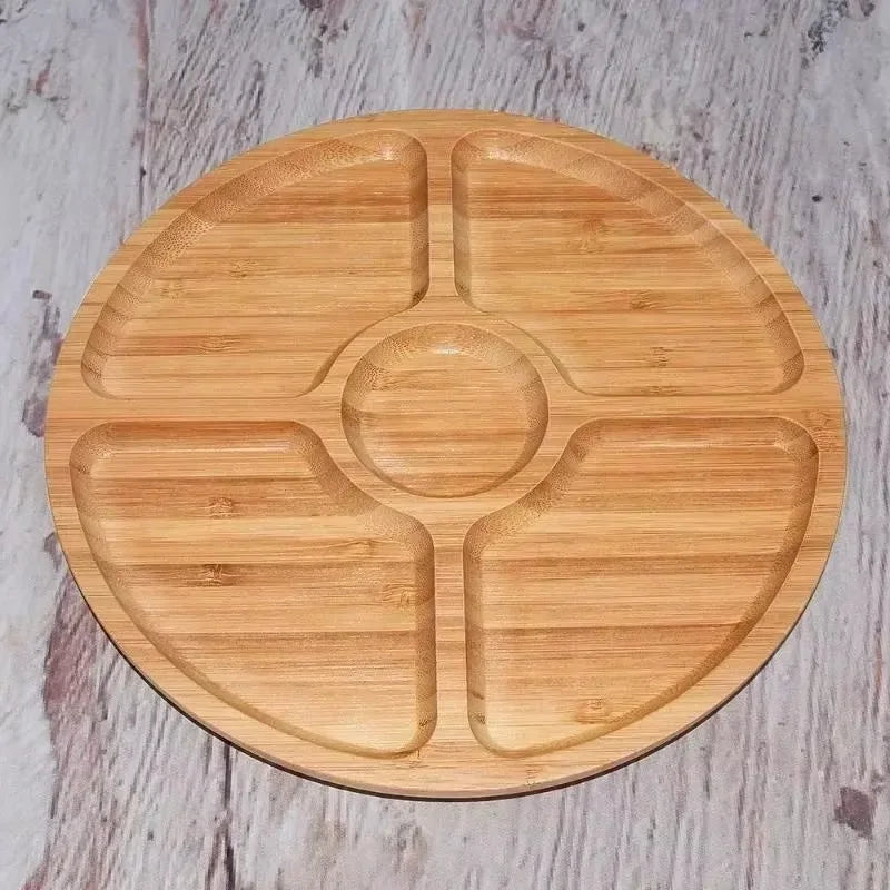 Round Bamboo Divided Serving Tray with 5 Compartments