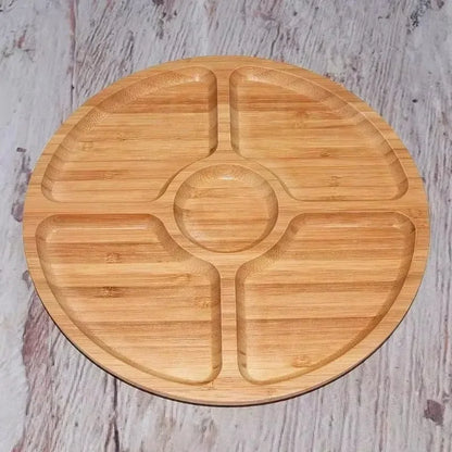 Round Bamboo Divided Serving Tray with 5 Compartments