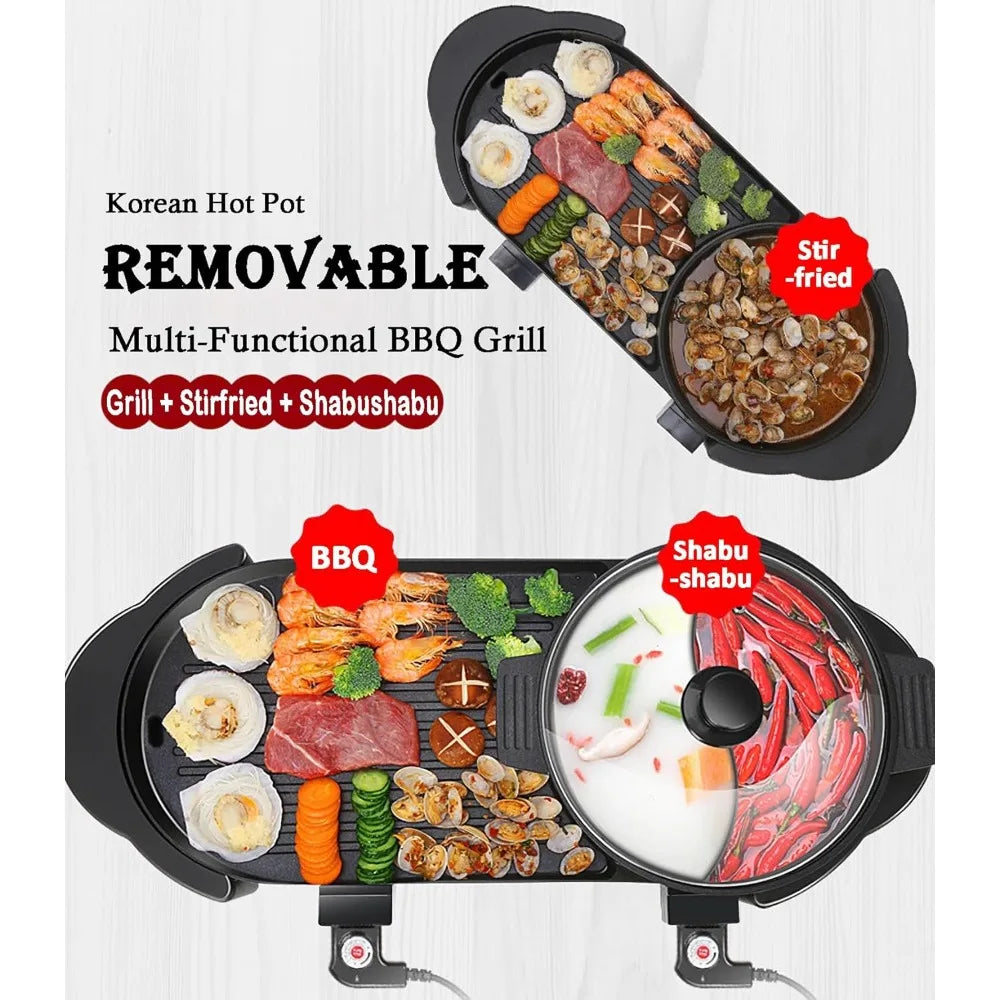 Electric Hot Pot with Grill 2 in 1 Shabu Shabu Korean BBQ Large Capacity Removable Pot