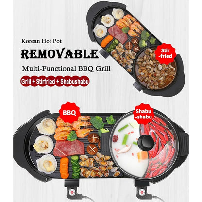 Electric Hot Pot with Grill 2 in 1 Shabu Shabu Korean BBQ Large Capacity Removable Pot