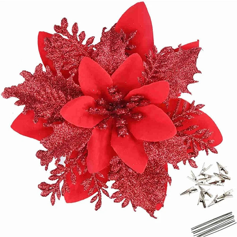 18Pcs Glitter Artificial Christmas Flowers With Clips
