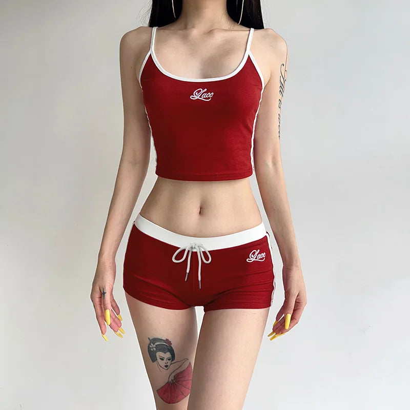 Women's Y2K Summer 2-Piece Short Set - Backless Letter Embroidery Camisole & Elastic Drawstring Shorts