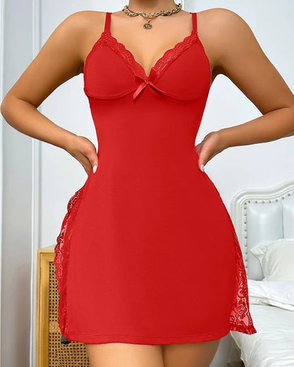 Women’s Plaid Print Crisscross Backless Sleep Dress – Contrast Lace Camisole Nightgown