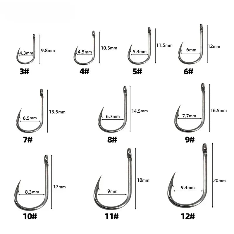 Carbon Steel Barbed Circle Fishing Hooks Set (Sizes 3#–12#)