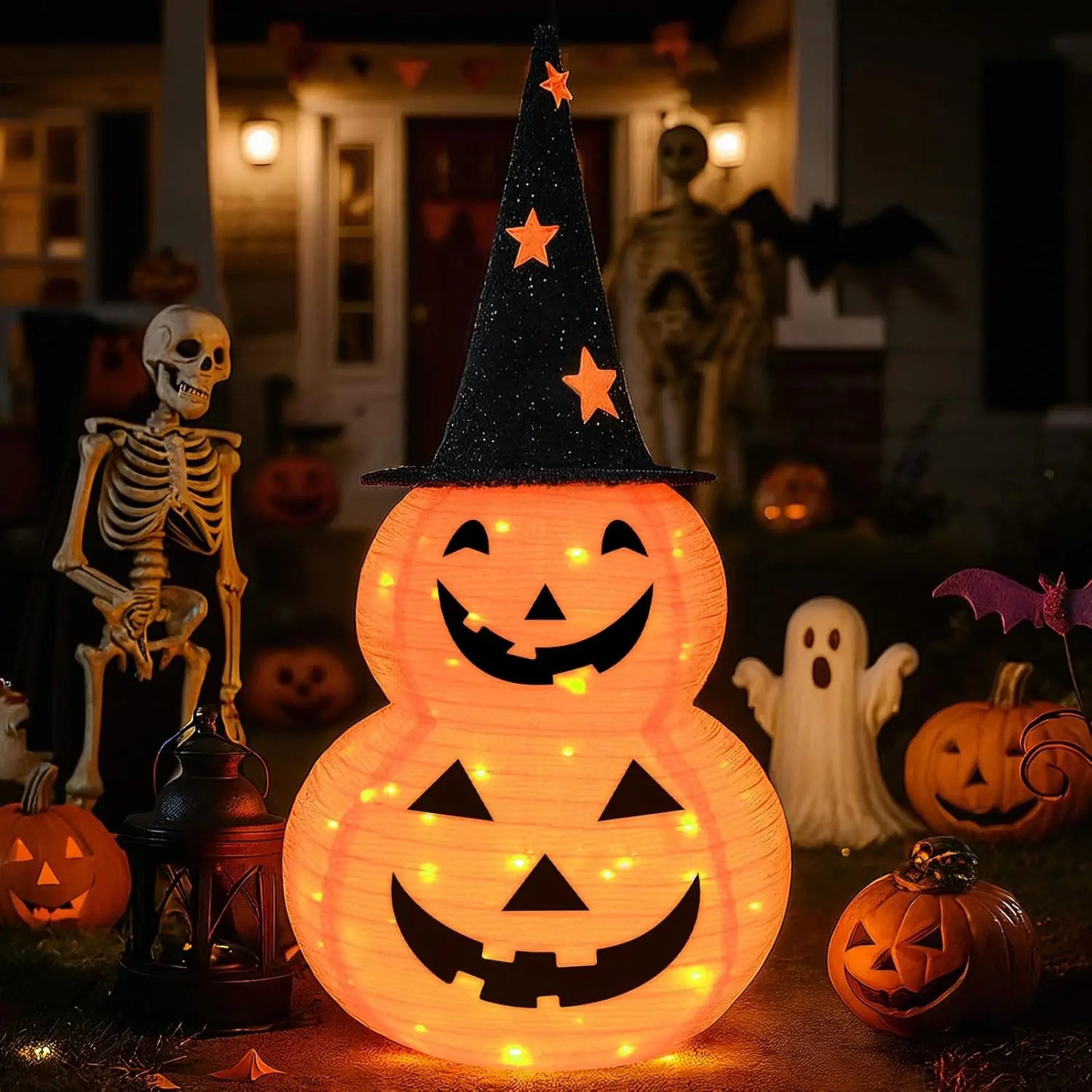 3FT Light-Up Stacked Jack-O'-Lantern Pumpkin - Collapsible Halloween Decor with 50 LED Lights & 8 Lighting Modes