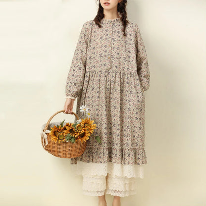 Women's Vintage Mori Girl Floral Print Cotton Linen Midi Dress with Lace Ruffles