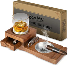 Solid Wood Cigar Ashtray with Cigar Drawer Whiskey Cup Holder Cigar Cutter Stainless Steel Bowl
