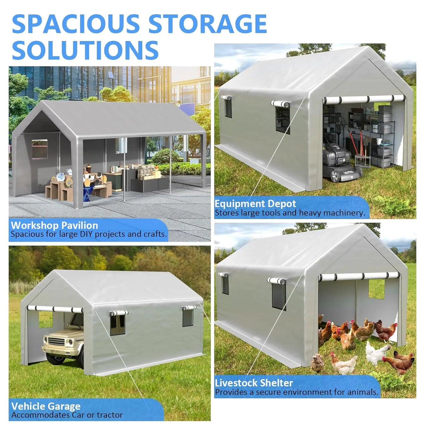 10x20 Heavy Duty Garage with Removable Sidewalls Roll-up Windows