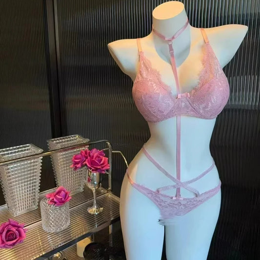 Pink Halter Neck Lace Bra Set