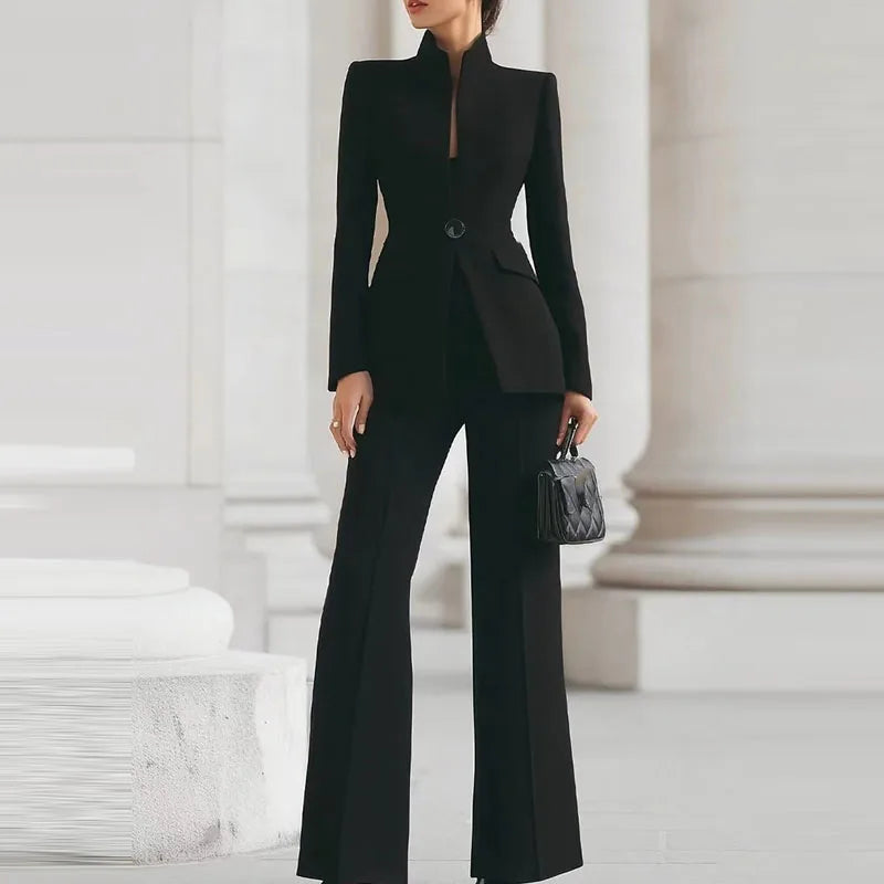 Women's 2-Piece V-Neck Single-Button Blazer & Wide-Leg Pants Suit Set