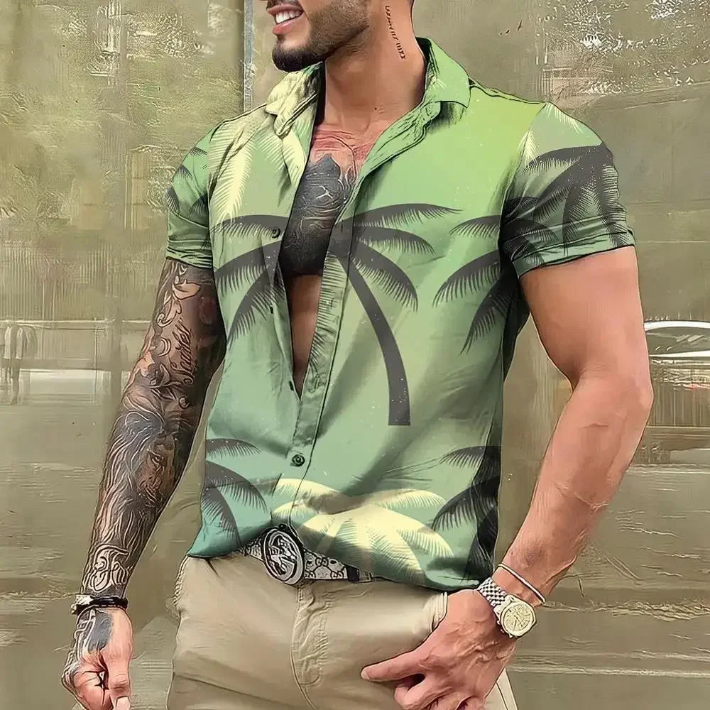 3D Plant Print Quick-Dry Short Sleeve Shirt
