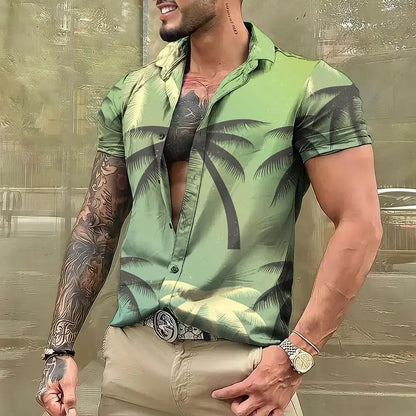 3D Plant Print Quick-Dry Short Sleeve Shirt