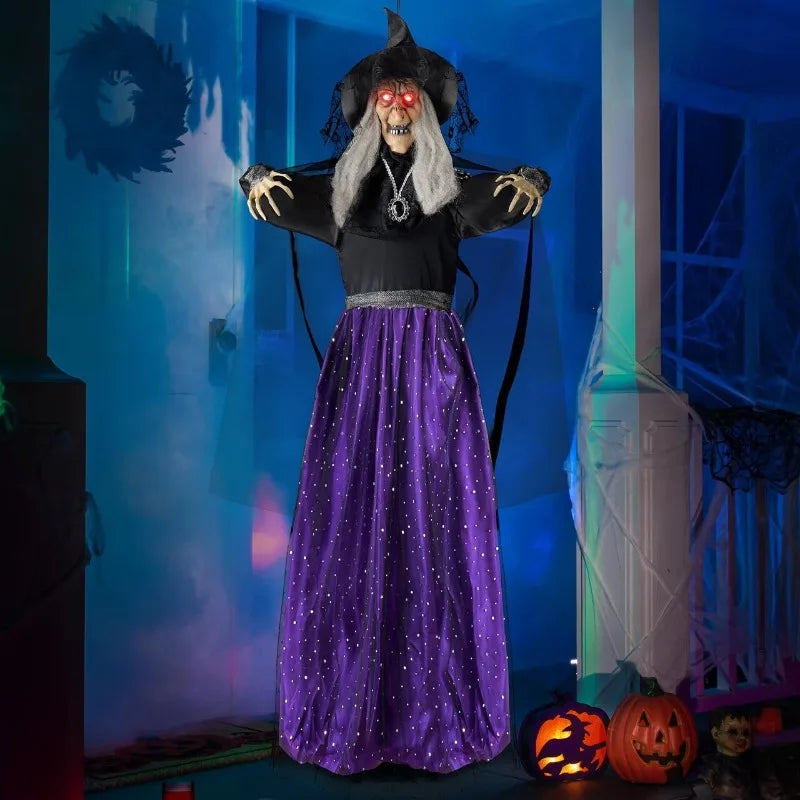 47" Animated Hanging Witch Halloween Prop with Sound Activation & LED Eyes