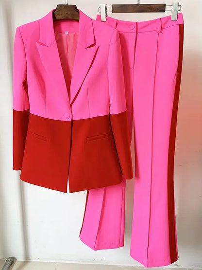 Women’s Color Block Single-Button Blazer & Flare Pants Suit Set – High Street Designer 2PC Outfit