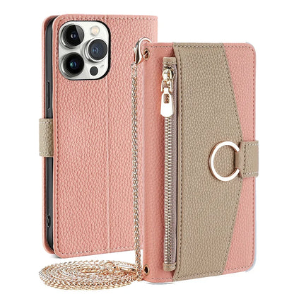 Crossbody Leather Zipper Wallet Case for iPhone Flip Mirror Cover Long Lanyard
