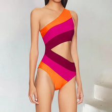 2Pce One Shoulder Cutout Color Block Swimwear