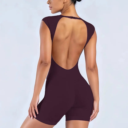 Women’s Backless Hollow-Out Short Sleeve Yoga Bodysuit – One-Piece Activewear