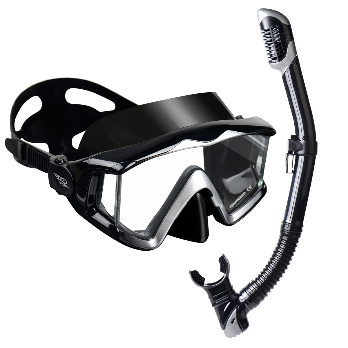 Adult Panoramic 3-Window Tempered Glass Diving & Snorkel Mask Set