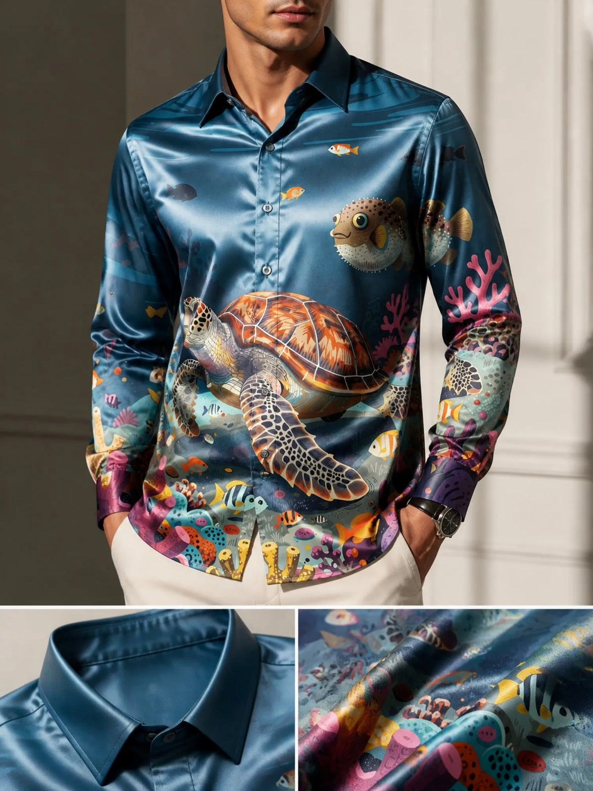 Men's Trendy Satin Long Sleeve Button Down Dress Shirt