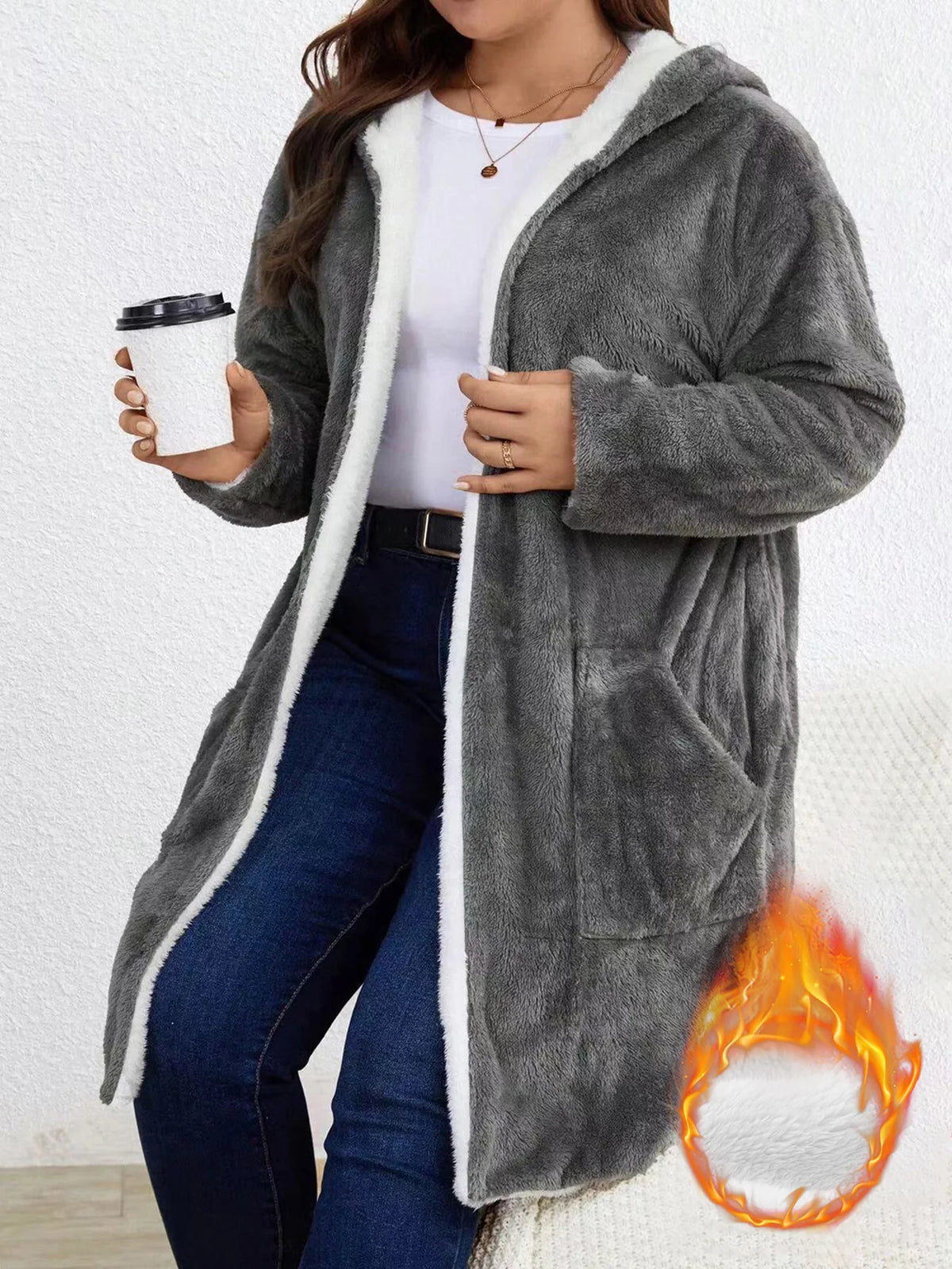 Women's Fuzzy Fleece Lined Hooded Open Cardigan - Warm Sherpa Trim Winter Coat