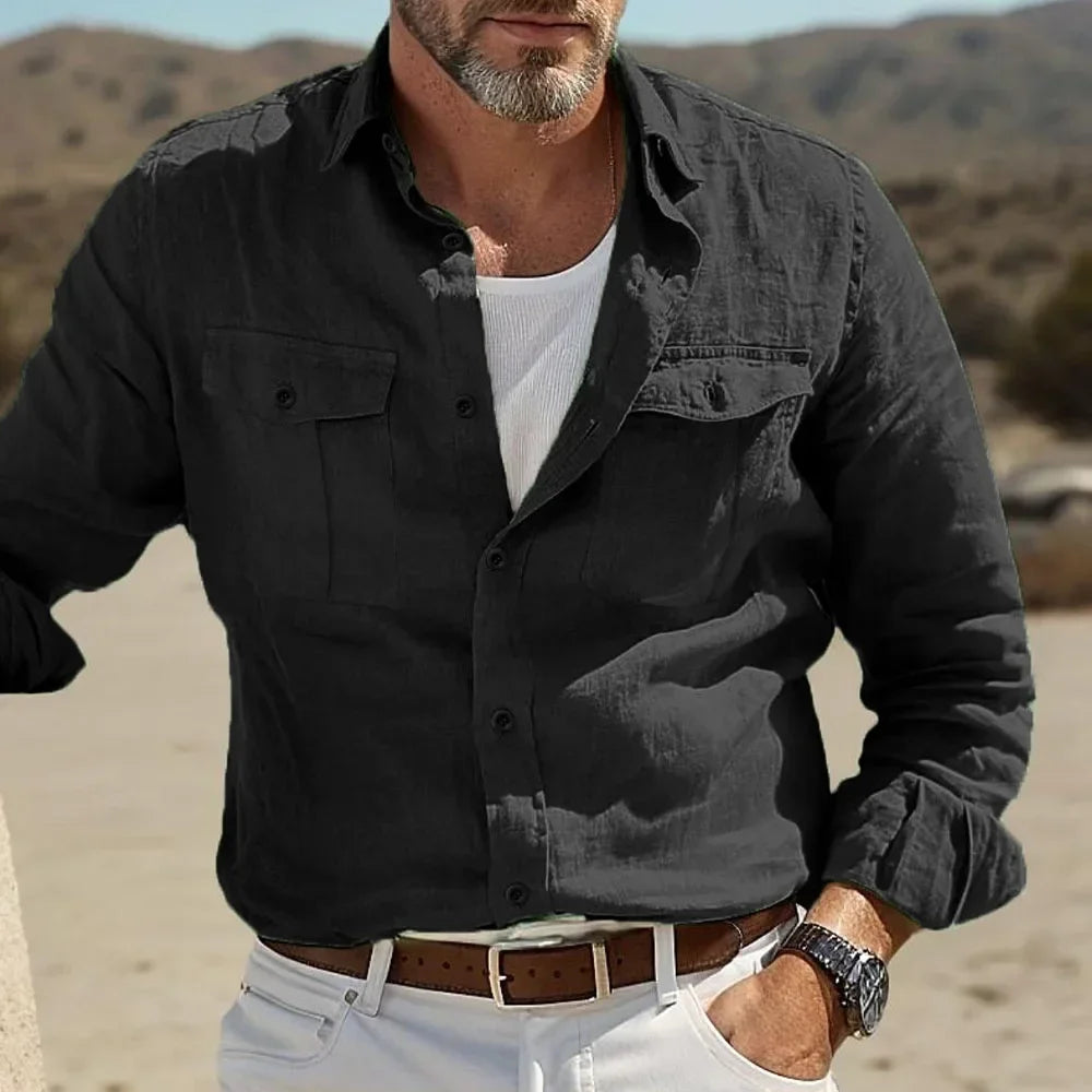 Cotton Linen Solid Color Basic Style Shirt
