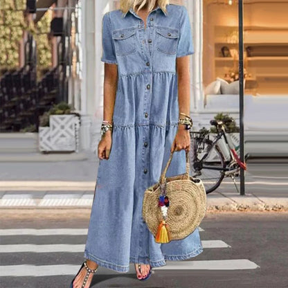 Women's Loose Denim Maxi Shirt Dress with Pockets & Lapel Collar