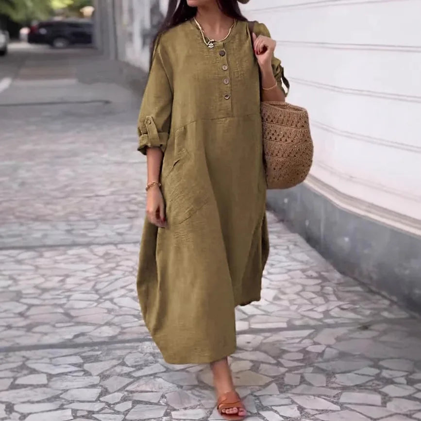 Women's Loose Cotton Linen Long Sleeve Maxi Dress with Pockets