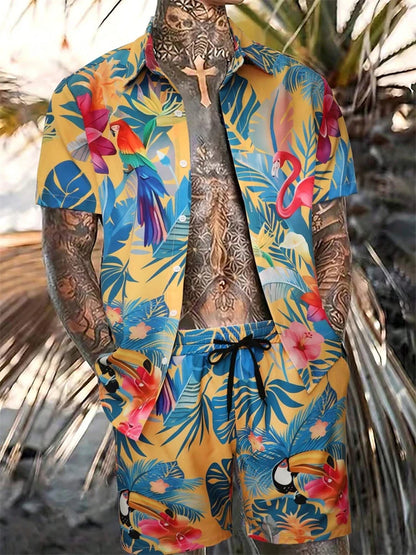 Hawaiian Print Short-Sleeved Shirt & Shorts Set