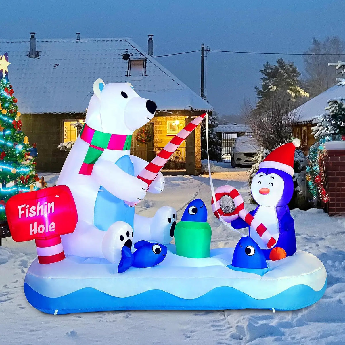 6 FT Long Christmas Inflatable Penguin & Polar Bear Fishing Yard Decoration