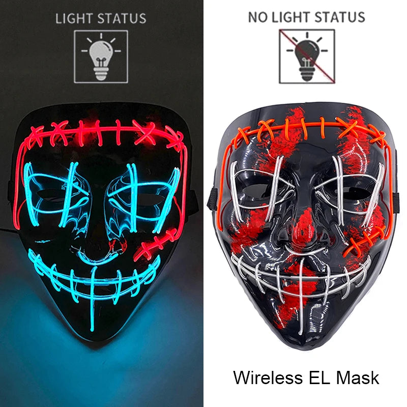 LED Light-Up Neon Wire Purge Mask – 3-Mode Halloween Horror Cosplay Mask for Adults