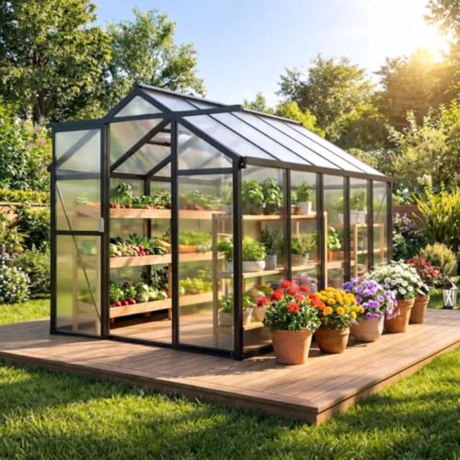 6X8FT Walk-in Greenhouse Kit with Aluminum Frame Polycarbonate Panels Adjustable Roof Vent Sliding Door Secure Lock