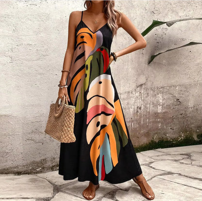 Women's Summer Leaf Print Halter Maxi Dress