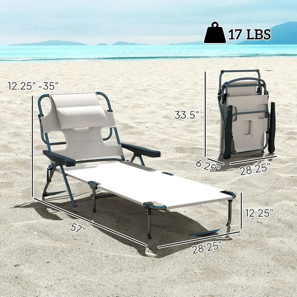 4-Position Adjustable Beach Chaise Lounge Chair with Pillow Rest