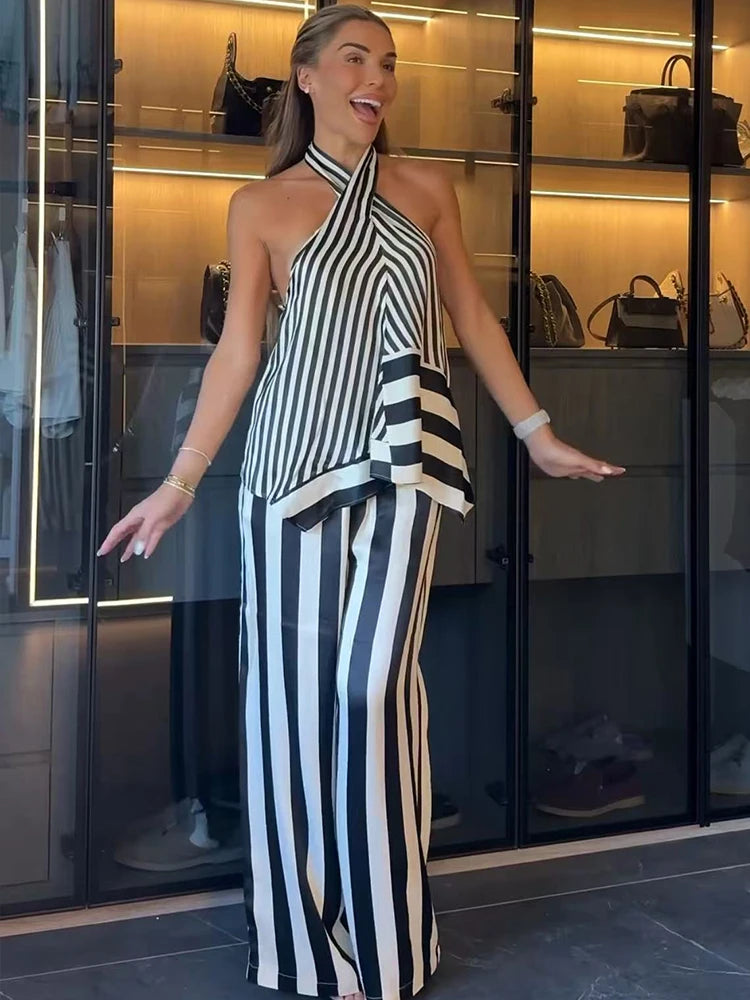 Women's Stripe Halter Top & Wide-Leg Pant 2-Piece Suit Set