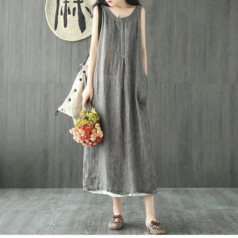 Vintage Striped Cotton Linen Sleeveless Midi Dress with Pockets