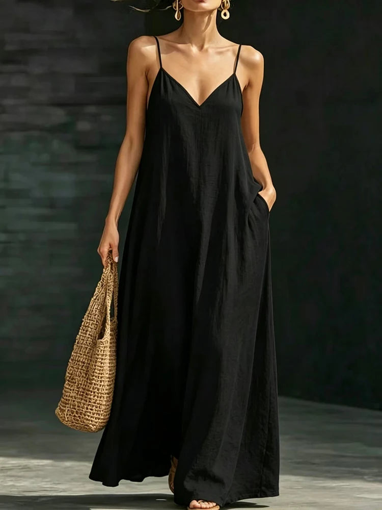 Women’s Casual V-Neck Spaghetti Strap Maxi Dress – Loose Swing Summer Beach Sundress