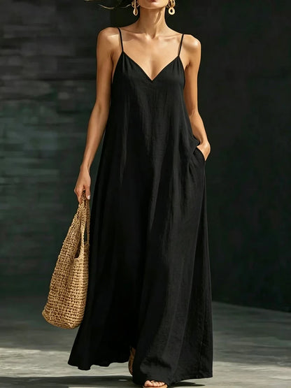 Women’s Casual V-Neck Spaghetti Strap Maxi Dress – Loose Swing Summer Beach Sundress