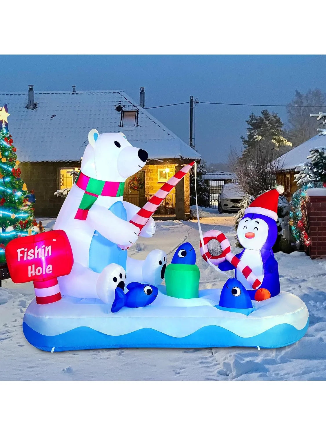 6 FT Long Christmas Inflatable Penguin & Polar Bear Fishing Yard Decoration