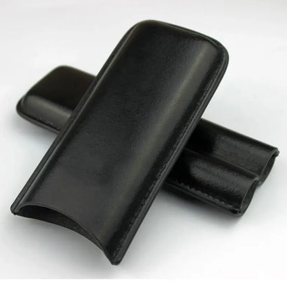 2 Tube Black Leather Cigar Holder Case