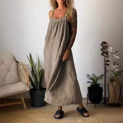 Women's Sleeveless Cotton Linen Casual Maxi Dress