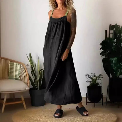 Women's Sleeveless Cotton Linen Casual Maxi Dress
