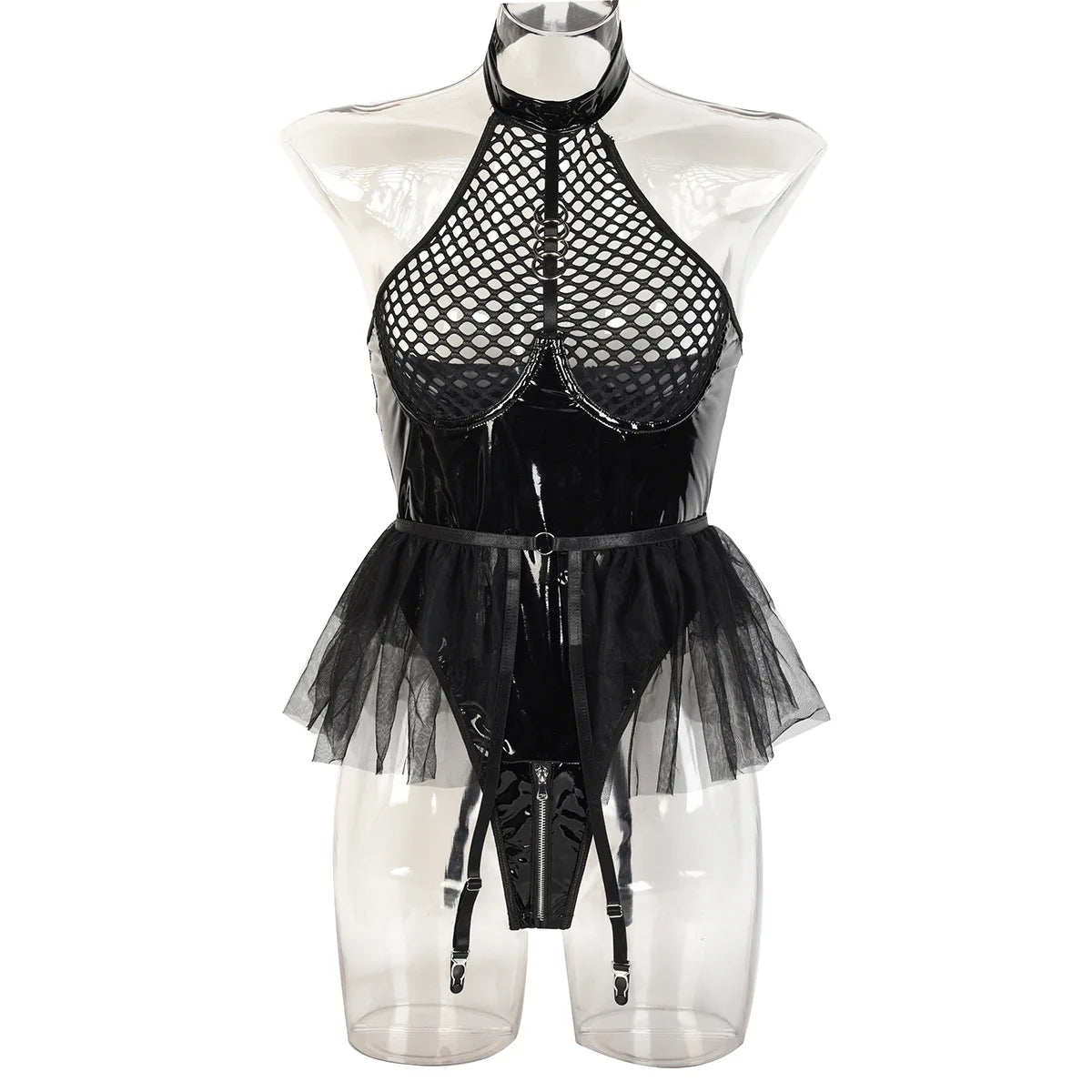 Patent Leather and Mesh Splicing Jumpsuit with Detachable Garter Belts