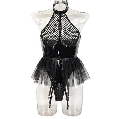 Patent Leather and Mesh Splicing Jumpsuit with Detachable Garter Belts