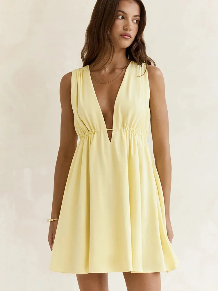 Women's Casual V-Neck Pleated Tank Mini Dress