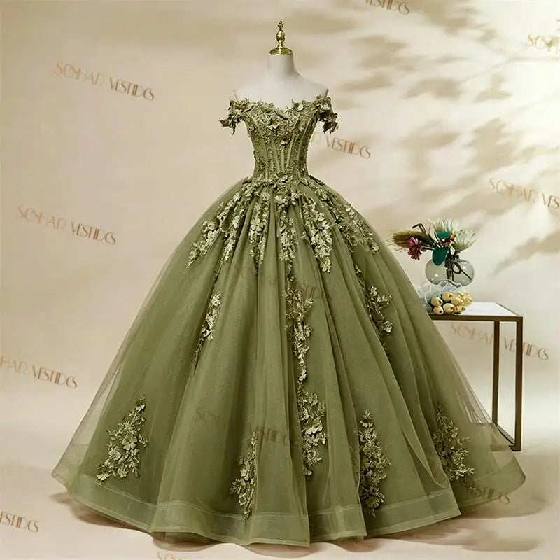 Off-The-Shoulder Floral Applique Quinceañera Ball Gown