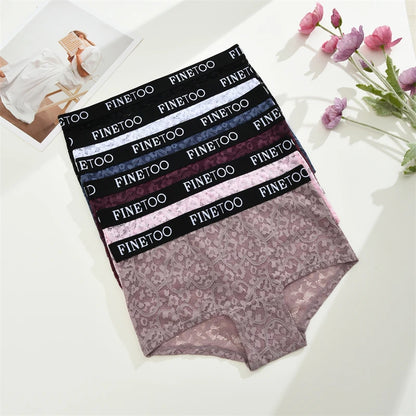 FINETOO Women's Lace Boyshort Panties Set - High-Waist Transparent Mesh Briefs