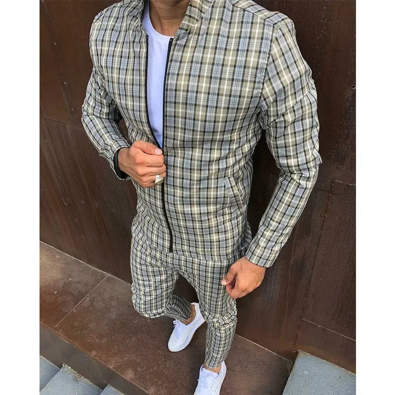 2-pce Checkered Sports Shirt & Jogging Clothes